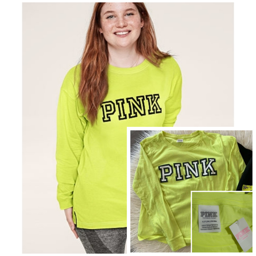 Y2k Victoria's secret PINK T shirt Small‎ Campus Neon Yellow Block Spell-out Nwt